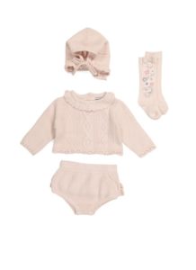 Image of sale on Newborn Girls Sweater Bloomer Set With Socks And Bonnet