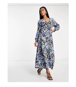 Image of sale on Siri Long Sleeve Midi Dress in Blue Floral
