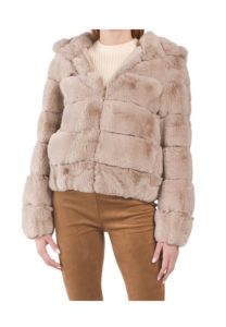 Image of sale on Hooded Grooved Faux Fur Bomber Jacket