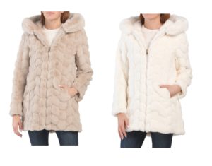 Image of sale on Hooded Grooved Herringbone Faux Fur Zip Coat