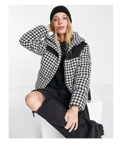 Image of sale on Belted Padded Jacket in Black and White Houndstooth