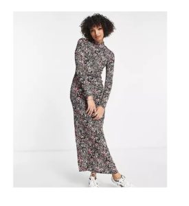Image of sale on Turtle Neck Side Slit Maxi Dress in Black Floral