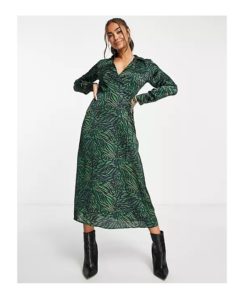 Image of sale on Wrap Detail Midi Satin Dress in Green Abstract Animal Print