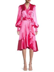 Image of sale on Satin Wrap Midi-dress $75 Gift Card with Purchase!
