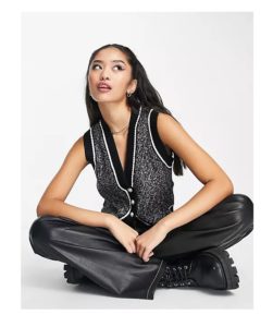 Image of sale on Knit Pearl Button Front Vest in Black Glitter