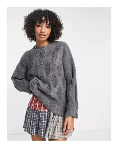 Image of sale on Oversized Sweater with Laddering and Distressing in Gray