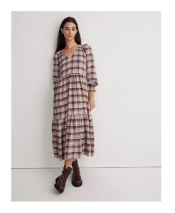 Image of sale on V-neck Tiered Midi Dress in Plaid