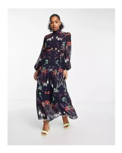 Image of sale on Long Sleeve Tie Waist Maxi Dress in Navy Floral
