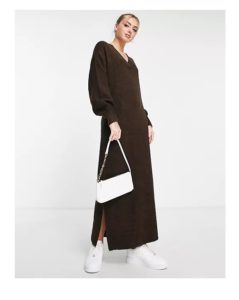 Image of sale on V-neck Knitted Maxi Dress in Chocolate Brown