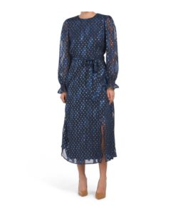 Image of sale on Smocked Sleeve Lurex Embroidered Midi Dress with Front Slit