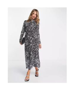 Image of sale on Plisse Mesh Midi Dress in Black and White Print