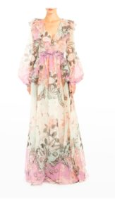 Image of sale on Floral-print Balloon-sleeve Ruffle Silk Organza Gown
