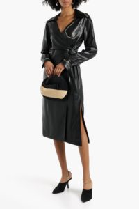 Image of sale on Berna Embroidered Vegan Leather Midi Wrap Dress