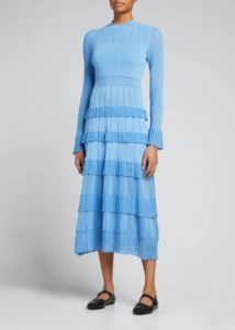 Image of sale on Pointelle Knit Tiered-ruffle Midi Dress