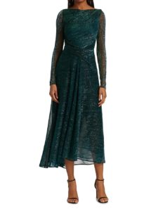 Image of sale on Asymmetric Metallic Long-sleeve Midi-dress