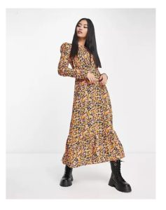 Image of sale on Ruched Sleeve Midi Dress in Orange Floral