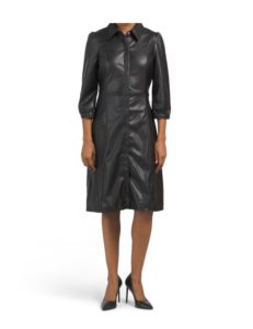 Image of sale on Three-quarter Sleeve Faux Leather Button Down Midi Dress