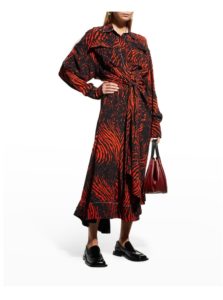 Image of sale on Spiral-print Crepe De Chine Wrap Midi Shirtdress