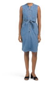 Image of sale on Sleeveless Denim Shirt Dress with Tie Waist
