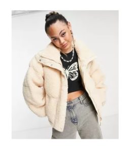 Image of sale on Oversized Boxy Crop Puffer Jacket in Cream Sherpa with Contrast Collar