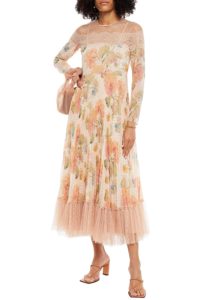 Image of sale on Pleated Floral-print Georgette, Lace and Point D’esprit Midi Dress