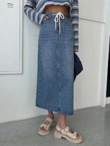 Image of sale on Dazy Drawstring Waist Slant Pocket Denim Skirt