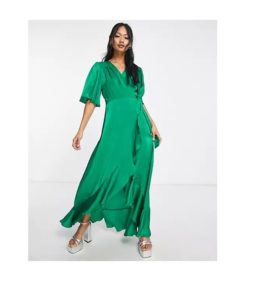 Image of sale on Satin Flutter Sleeve Wrap Front Maxi Dress