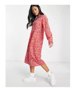Image of sale on Girl Ditsy Print Tiered Midi Dress in Red