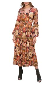 Image of sale on Floral Print Fringe Trim Long Sleeve Maxi Dress