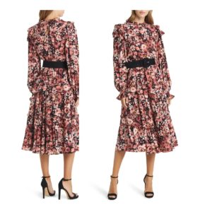 Image of sale on Floral Print Ruffle Long Sleeve Belted Tiered Midi Dress