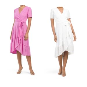 Image of sale on Eyelet Ruffle Wrap Style Midi Dress