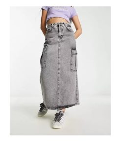 Image of sale on Denim Cargo Maxi Skirt in Washed Gray