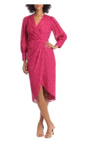 Image of sale on Long Sleeve Jacquard Faux Wrap Midi Dress
