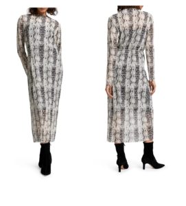 Image of sale on Snake Print Pleated Long Sleeve Mesh Midi Dress