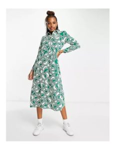 Image of sale on Wednesday’s Girl Geometric Print Button Through Midi Shirt Dress in Green