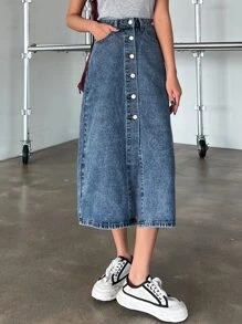 Image of sale on High Waist Button Front Denim Skirt