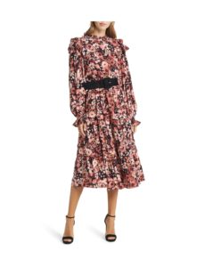 Image of sale on Floral Print Ruffle Long Sleeve Belted Tiered Midi Dress