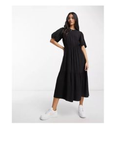 Image of sale on Shirred Puff Sleeve Midi Dress in Acid Wash Black