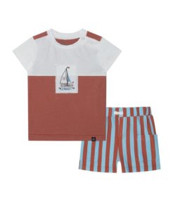 Image of sale on Baby Boy Colorblocked Top & Short Set White & Brown with Stripe – Infant
