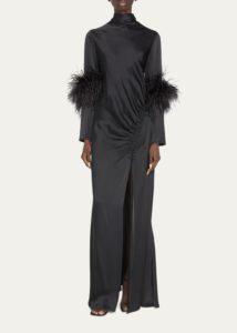 Image of sale on Feather-trim Ruched Satin Bias Gown
