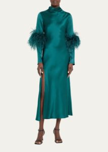 Image of sale on Feather-trim Thigh-slit Satin Midi Dress