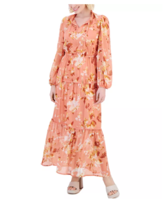 Image of sale on Petite Tiered-skirt Tie-neck Blouson-sleeve Dress