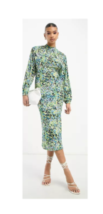 Image of sale on High Neck Puff Sleeve Midi Dress in Blue Floral Print