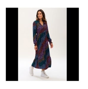 Image of sale on Jade Maxi Tiered Dress Navy/multi, Painterly Spot Stripe