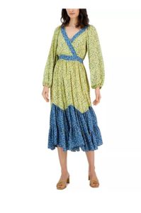 Image of sale on Women’s Floral-printed Colorblocked Surplice Tiered Midi Dress