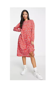 Image of sale on Ditsy Print Tiered Midi Dress in Red