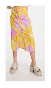 Image of sale on Ruched Front Midi Skirt in Patchwork Scarf Print