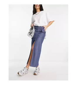 Image of sale on Bershka Split Front Tailored Midi Skirt in Indigo Stripe – Part of a Set