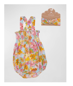 Image of sale on Girl’s Smocked Paisley Floral Sunsuit with Headband, Size 0m-24m