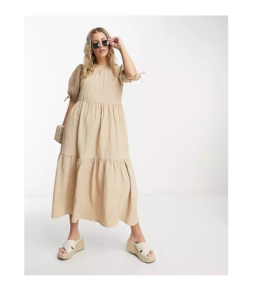 Image of sale on Tiered Midi Smock Dress in Textured Stone